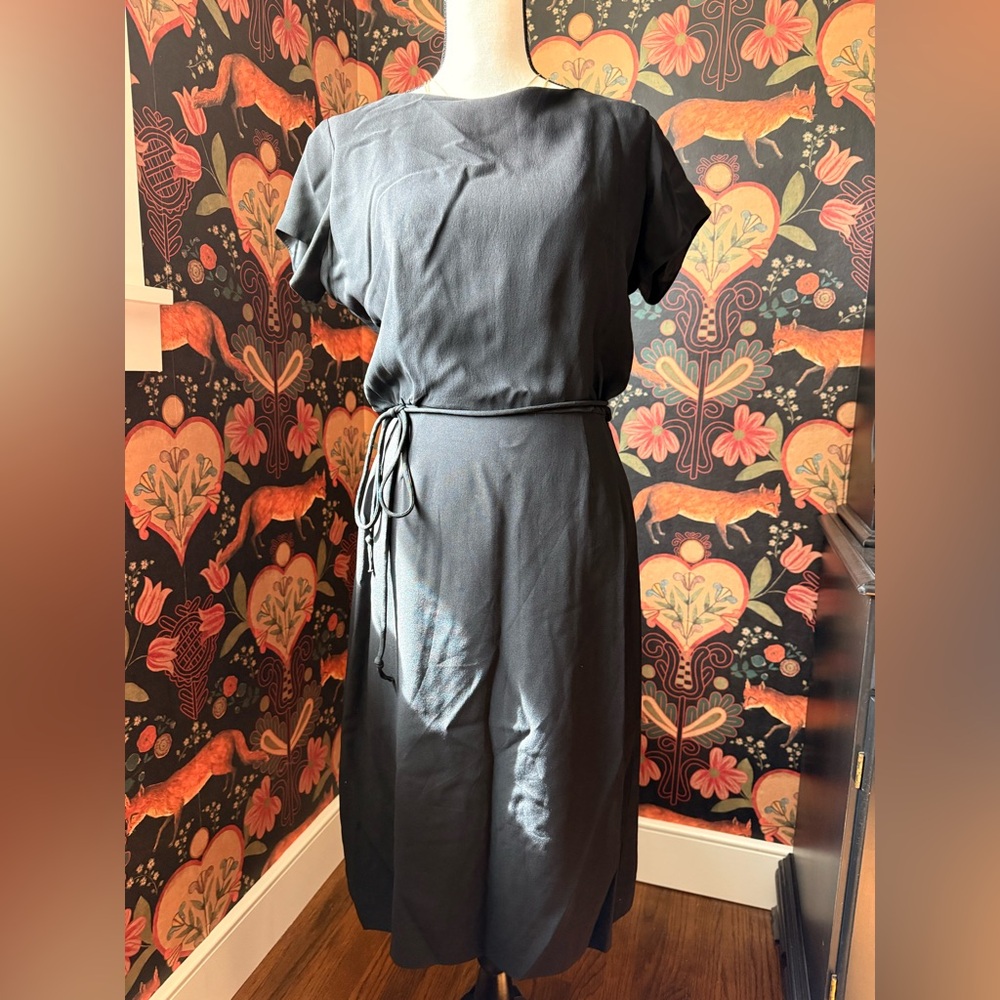 Vintage 1960s Alice Of California Black Dress Midi Crepe Size Medium Mod Buttons